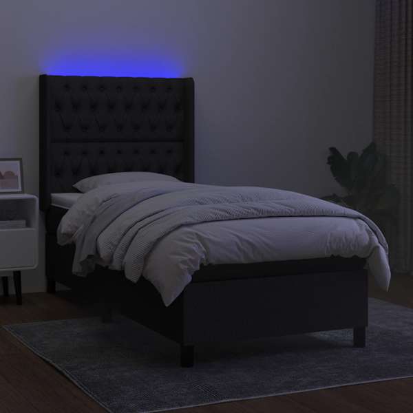 LED-valgustusega kontinentaalvoodi koos madratsiga, must, 90 × 190 cm, kangas — mudel 3138519