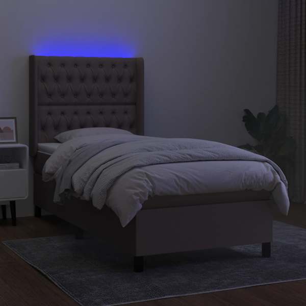 LED-valgustusega kontinentaalvoodi koos madratsiga, pruunikashall, 90 × 190 cm, kangas — mudel 3138521