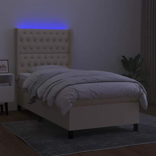 LED-valgustusega kontinentaalvoodi koos madratsiga, kreemjasvalge, 90 × 190 cm, kangas — mudel 3138522