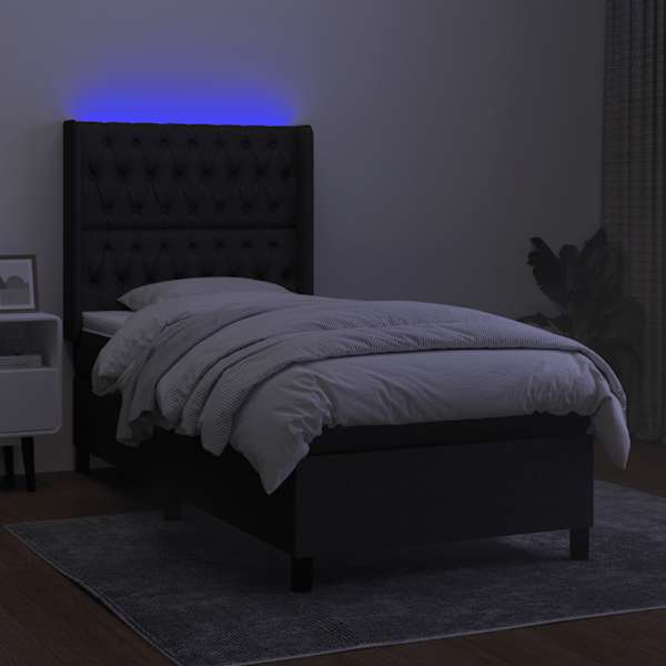 LED-valgustusega kontinentaalvoodi koos madratsiga, must, 90 × 200 cm, kangas — mudel 3138527