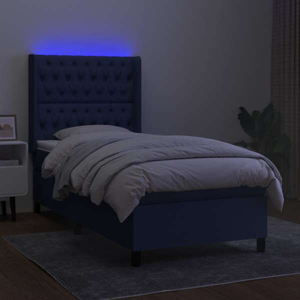 LED-valgustusega kontinentaalvoodi koos madratsiga, sinine, 90 × 200 cm, kangas — mudel 3138531