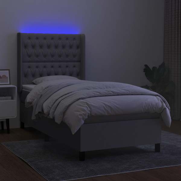 LED-valgustusega kontinentaalvoodi koos madratsiga, helehall, 100 × 200 cm, kangas — mudel 3138533