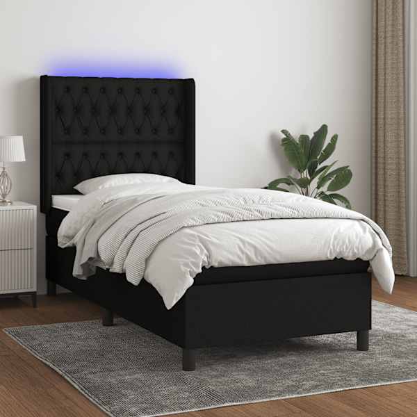 LED-valgustusega kontinentaalvoodi koos madratsiga, must, 100 × 200 cm, kangas — mudel 3138535