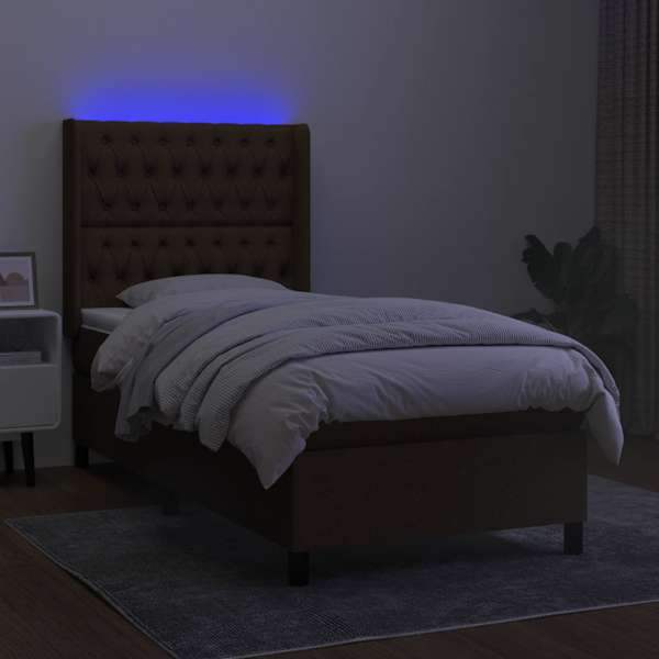 LED-valgustusega kontinentaalvoodi koos madratsiga, tumepruun, 100 × 200 cm, kangas — mudel 3138536
