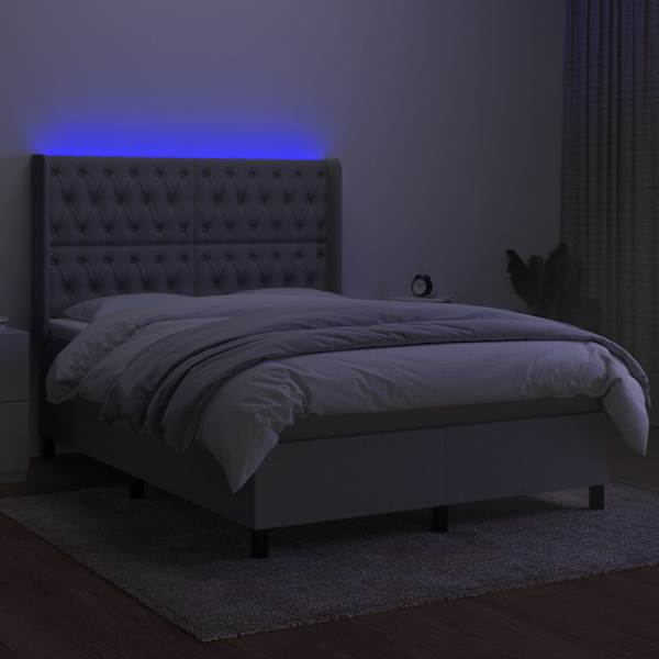 LED-valgustusega kontinentaalvoodi koos madratsiga, helehall, 140 × 190 cm, kangas — mudel 3138549