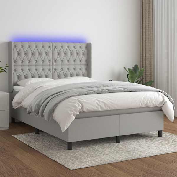 LED-valgustusega kontinentaalvoodi koos madratsiga, helehall, 140 × 190 cm, kangas — mudel 3138549