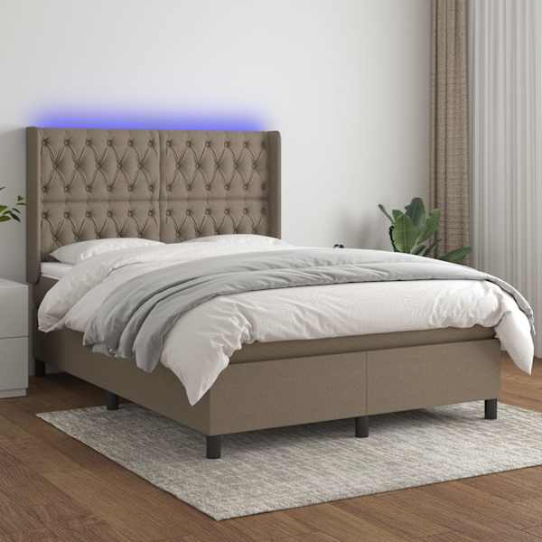 LED-valgustusega kontinentaalvoodi koos madratsiga, pruunikashall, 140 × 190 cm, kangas — mudel 3138553