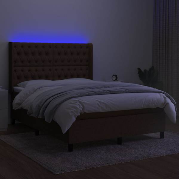 LED-valgustusega kontinentaalvoodi koos madratsiga, tumepruun, 140 × 200 cm, kangas — mudel 3138560