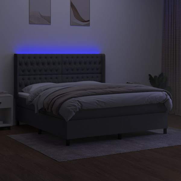 LED-valgustusega kontinentaalvoodi koos madratsiga, tumehall, 160 × 200 cm, kangas — mudel 3138566