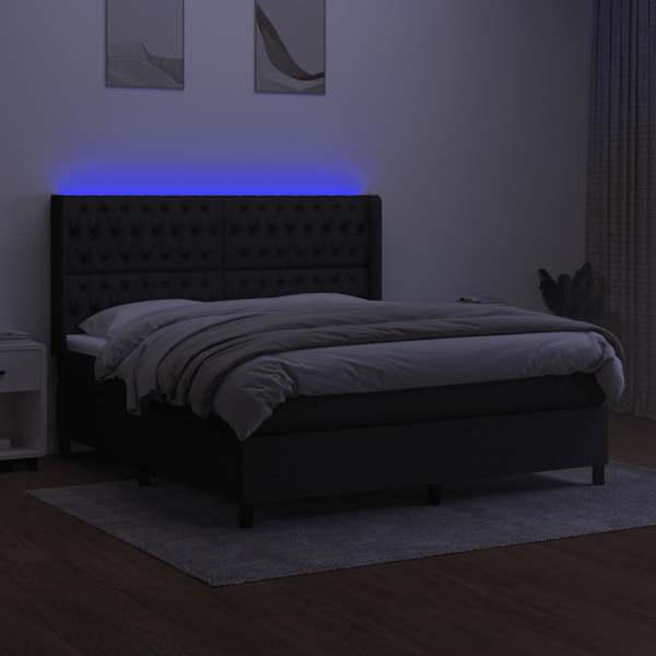LED-valgustusega kontinentaalvoodi koos madratsiga, must, 160 × 200 cm, kangas — mudel 3138567