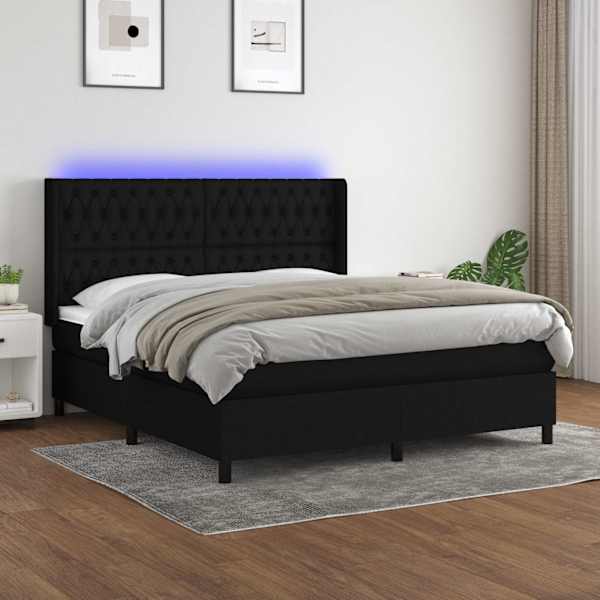 LED-valgustusega kontinentaalvoodi koos madratsiga, must, 160 × 200 cm, kangas — mudel 3138567