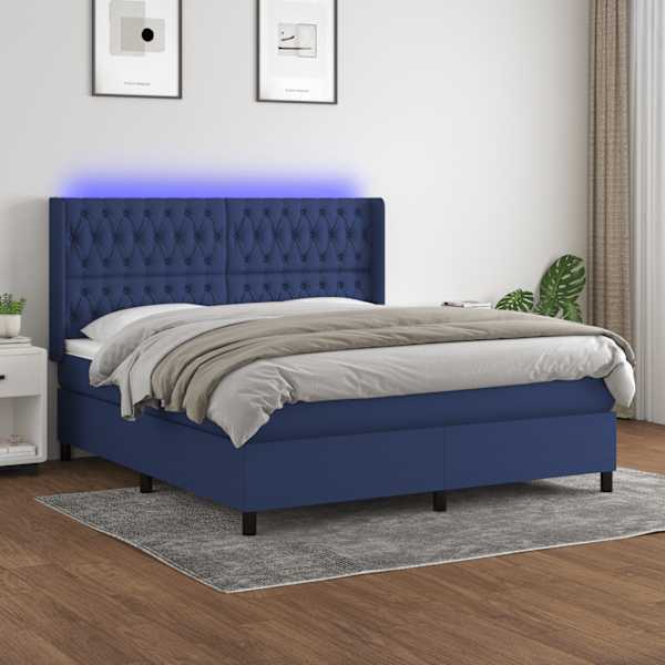 LED-valgustusega kontinentaalvoodi koos madratsiga, sinine, 160 × 200 cm, kangas — mudel 3138571