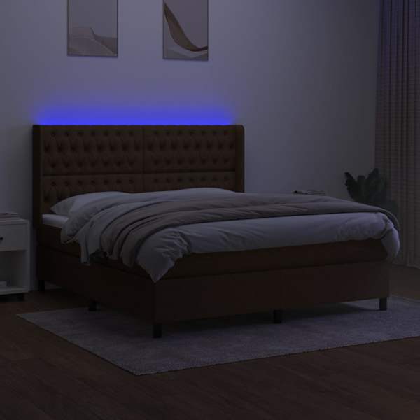 LED-valgustusega kontinentaalvoodi koos madratsiga, tumepruun, 180 × 200 cm, kangas — mudel 3138576