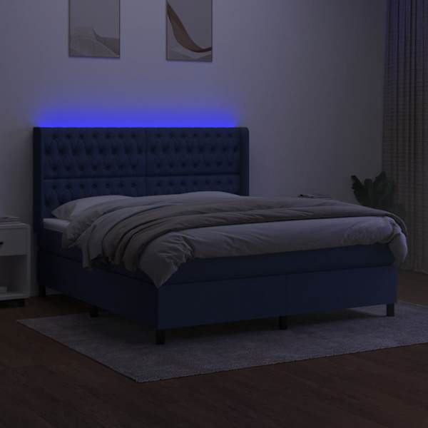 LED-valgustusega kontinentaalvoodi koos madratsiga, sinine, 180 × 200 cm, kangas — mudel 3138579