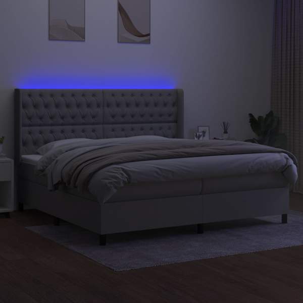 LED-valgustusega kontinentaalvoodi koos 2 madratsiga, helehall, 200 × 200 cm, kangas — mudel 3138581