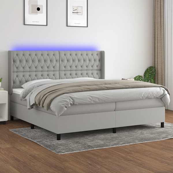 LED-valgustusega kontinentaalvoodi koos 2 madratsiga, helehall, 200 × 200 cm, kangas — mudel 3138581