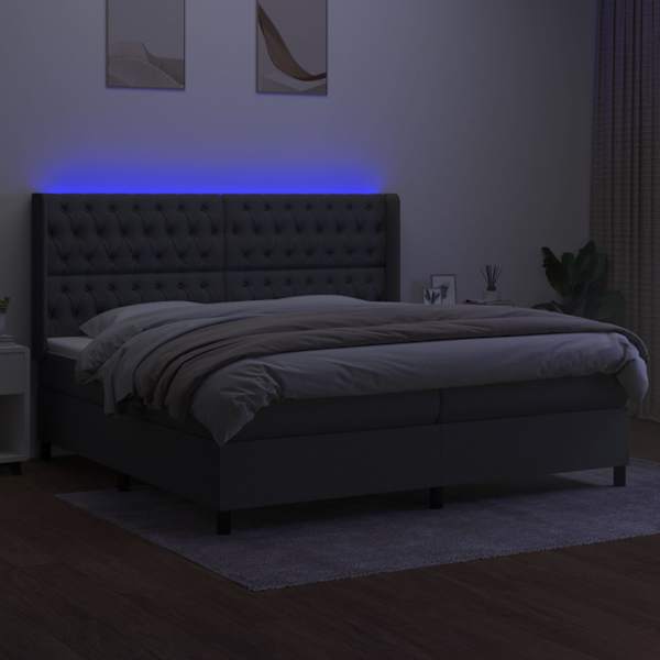 LED-valgustusega kontinentaalvoodi koos 2 madratsiga, tumehall, 200 × 200 cm, kangas — mudel 3138582