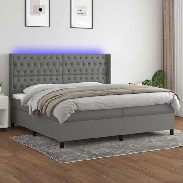 LED-valgustusega kontinentaalvoodi koos 2 madratsiga, tumehall, 200 × 200 cm, kangas — mudel 3138582