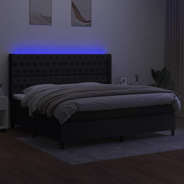LED-valgustusega kontinentaalvoodi koos 2 madratsiga, must, 200 × 200 cm, kangas — mudel 3138583