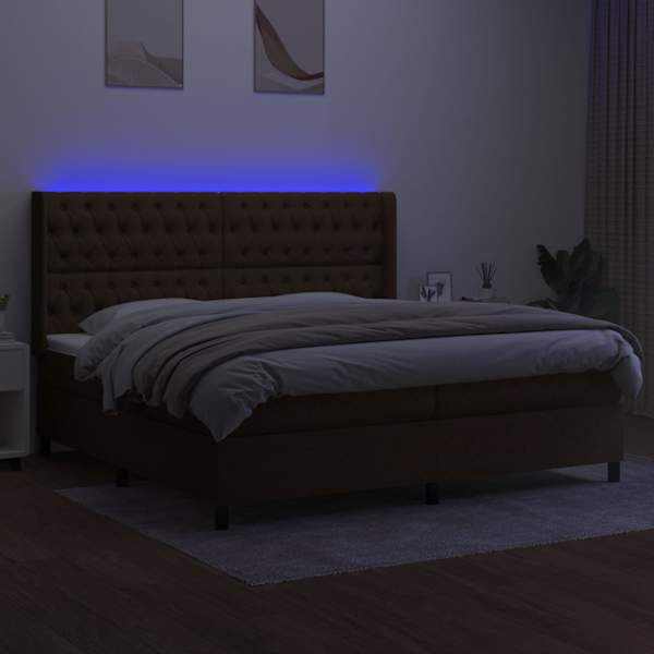 LED-valgustusega kontinentaalvoodi koos 2 madratsiga, tumepruun, 200 × 200 cm, kangas — mudel 3138584