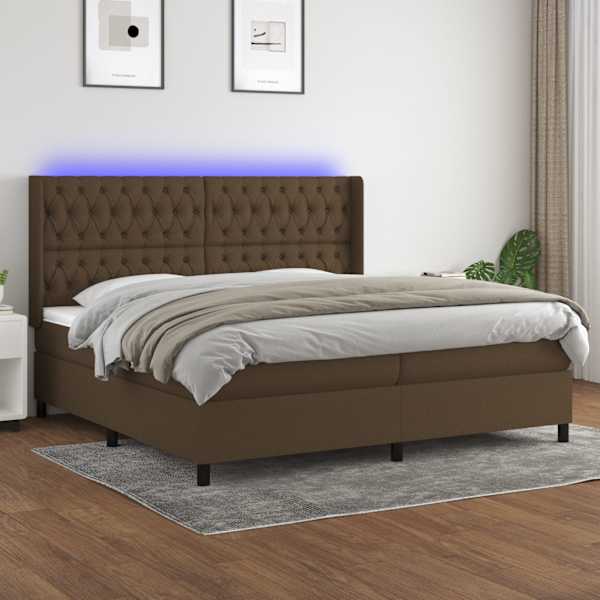 LED-valgustusega kontinentaalvoodi koos 2 madratsiga, tumepruun, 200 × 200 cm, kangas — mudel 3138584