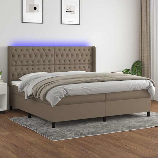 LED-valgustusega kontinentaalvoodi koos 2 madratsiga, pruunikashall, 200 × 200 cm, kangas — mudel 3138585