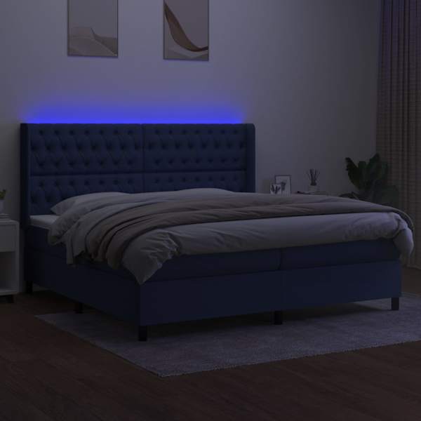 LED-valgustusega kontinentaalvoodi koos 2 madratsiga, sinine, 200 × 200 cm, kangas — mudel 3138587