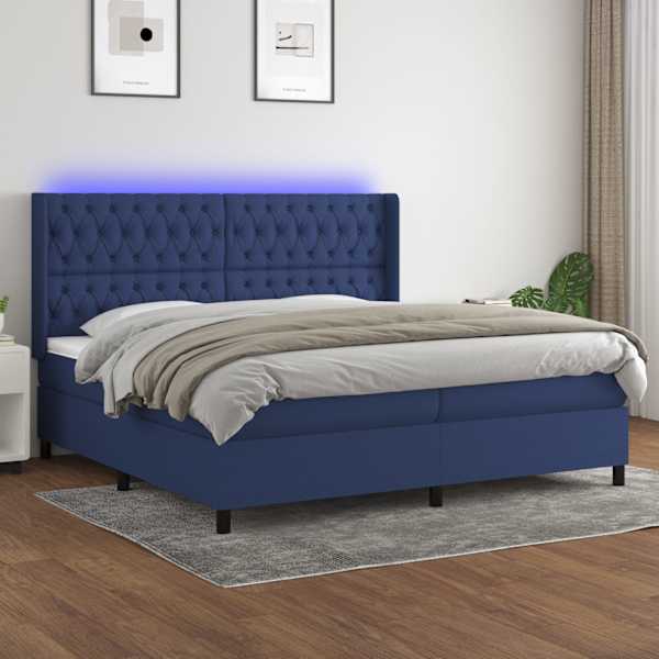 LED-valgustusega kontinentaalvoodi koos 2 madratsiga, sinine, 200 × 200 cm, kangas — mudel 3138587