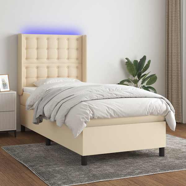 LED-valgustusega kontinentaalvoodi koos madratsiga, kreemjasvalge, 90 × 190 cm, kangas — mudel 3138602