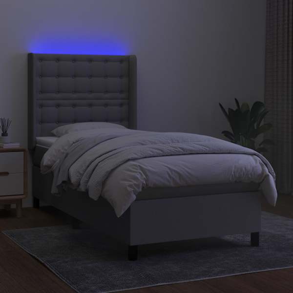 LED-valgustusega kontinentaalvoodi koos madratsiga, helehall, 90 × 200 cm, kangas — mudel 3138605