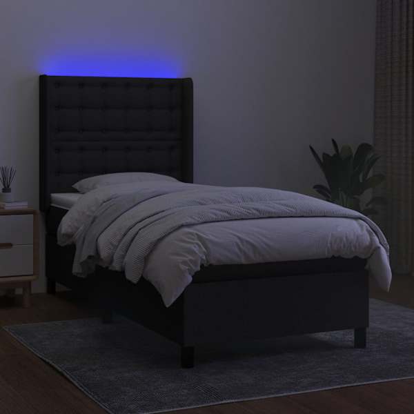 LED-valgustusega kontinentaalvoodi koos madratsiga, must, 90 × 200 cm, kangas — mudel 3138607