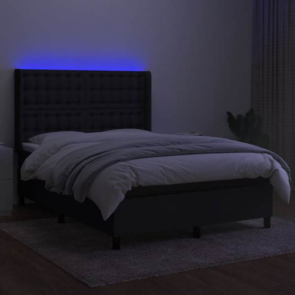 LED-valgustusega kontinentaalvoodi koos madratsiga, must, 140 × 190 cm, kangas — mudel 3138631