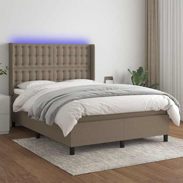 LED-valgustusega kontinentaalvoodi koos madratsiga, pruunikashall, 140 × 190 cm, kangas — mudel 3138633