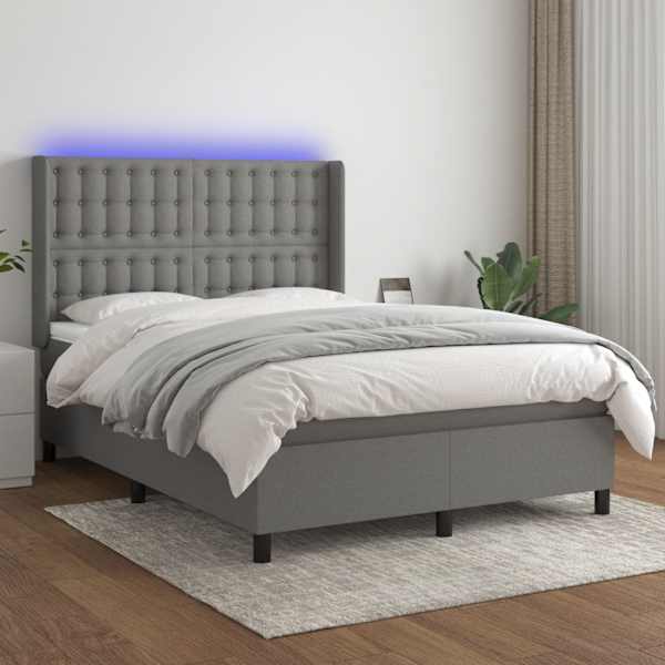 LED-valgustusega kontinentaalvoodi koos madratsiga, tumehall, 140 × 200 cm, kangas — mudel 3138638