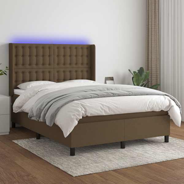 LED-valgustusega kontinentaalvoodi koos madratsiga, tumepruun, 140 × 200 cm, kangas — mudel 3138640