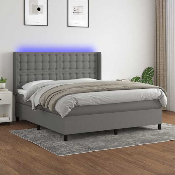 LED-valgustusega kontinentaalvoodi koos madratsiga, tumehall, 160 × 200 cm, kangas — mudel 3138646