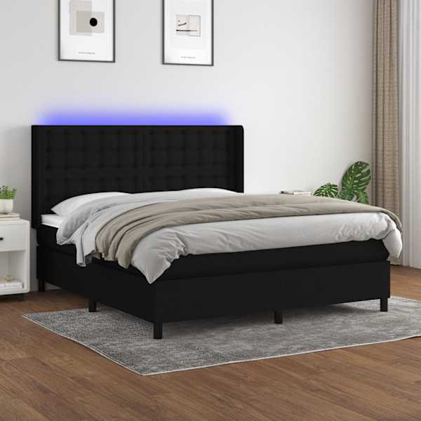 LED-valgustusega kontinentaalvoodi koos madratsiga, must, 160 × 200 cm, kangas — mudel 3138647