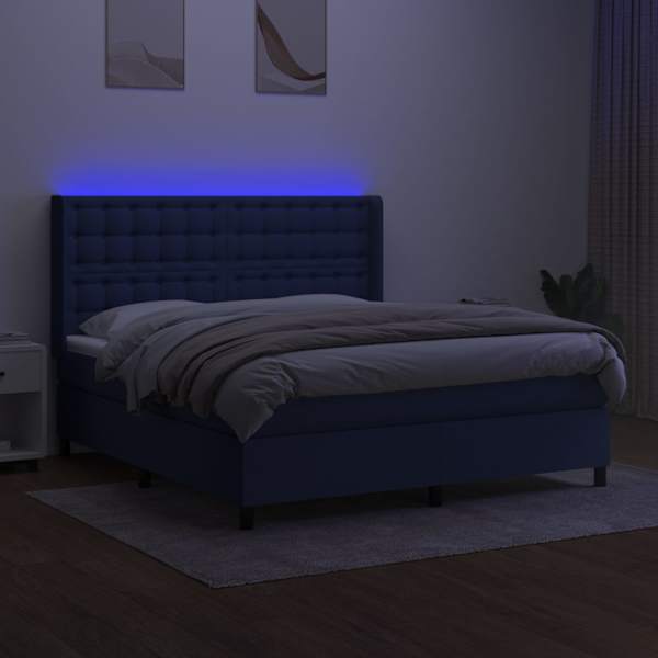 LED-valgustusega kontinentaalvoodi koos madratsiga, sinine, 160 × 200 cm, kangas — mudel 3138651