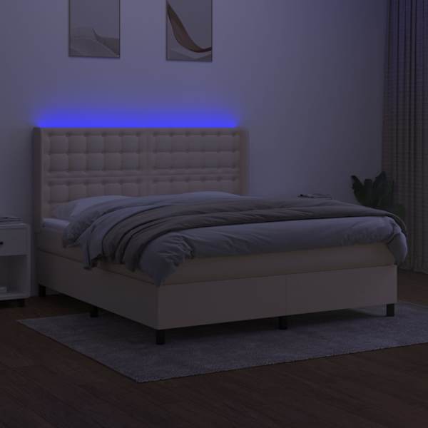 LED-valgustusega kontinentaalvoodi koos madratsiga, kreemjasvalge, 180 × 200 cm, kangas — mudel 3138658
