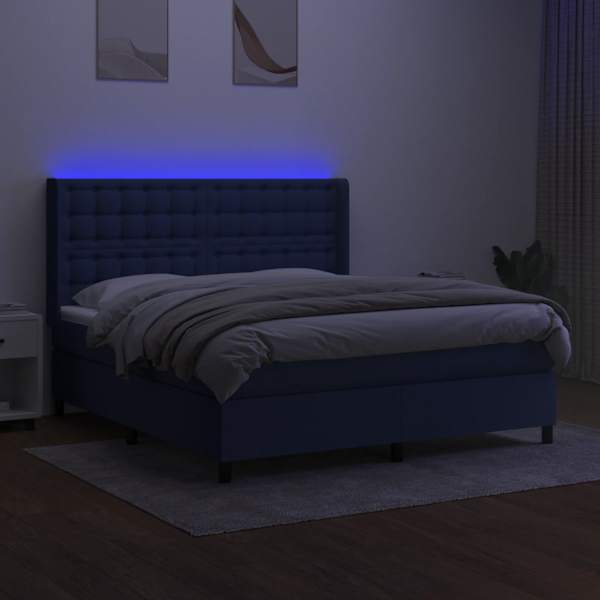 LED-valgustusega kontinentaalvoodi koos madratsiga, sinine, 180 × 200 cm, kangas — mudel 3138659