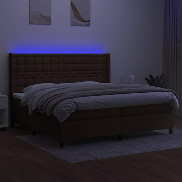 LED-valgustusega kontinentaalvoodi koos 2 madratsiga, tumepruun, 200 × 200 cm, kangas — mudel 3138664