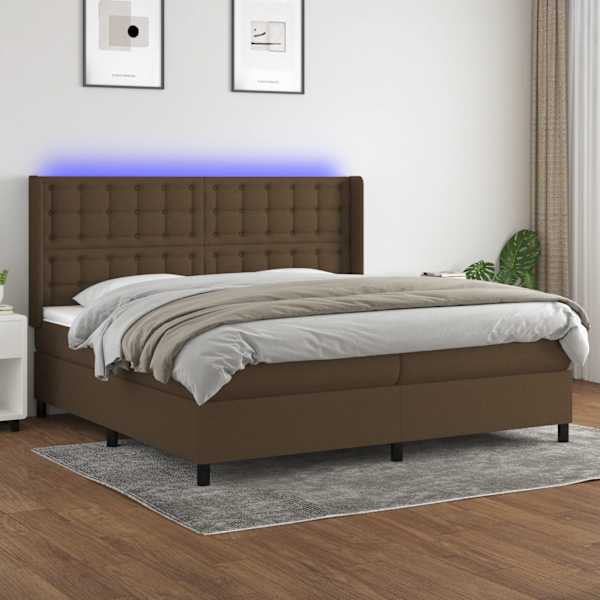 LED-valgustusega kontinentaalvoodi koos 2 madratsiga, tumepruun, 200 × 200 cm, kangas — mudel 3138664