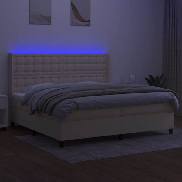 LED-valgustusega kontinentaalvoodi koos 2 madratsiga, kreemjasvalge, 200 × 200 cm, kangas — mudel 3138666