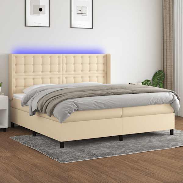 LED-valgustusega kontinentaalvoodi koos 2 madratsiga, kreemjasvalge, 200 × 200 cm, kangas — mudel 3138666