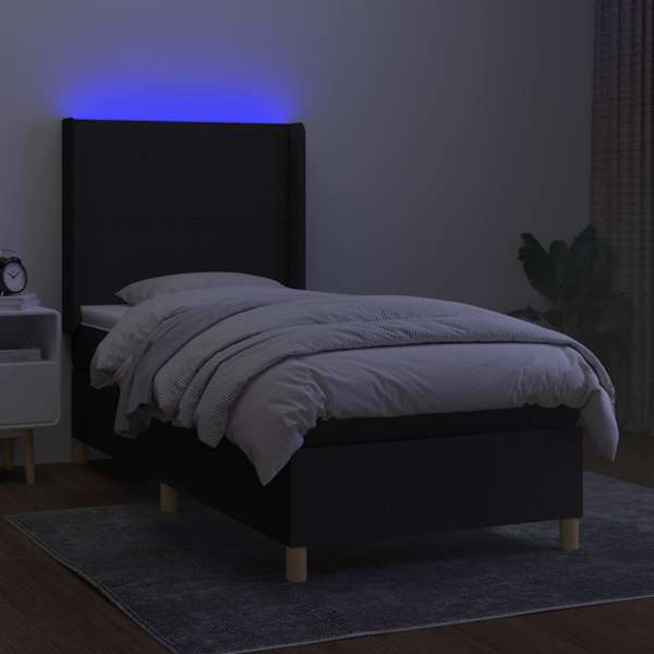 LED-valgustusega kontinentaalvoodi koos madratsiga, must, 80 × 200 cm, kangas — mudel 3138671