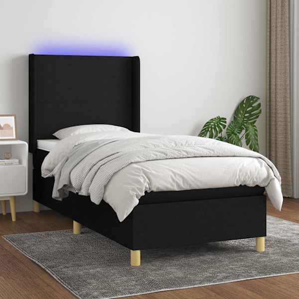 LED-valgustusega kontinentaalvoodi koos madratsiga, must, 80 × 200 cm, kangas — mudel 3138671