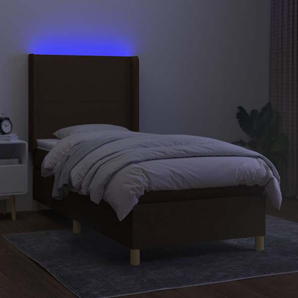 LED-valgustusega kontinentaalvoodi koos madratsiga, tumepruun, 90 × 190 cm, kangas — mudel 3138680