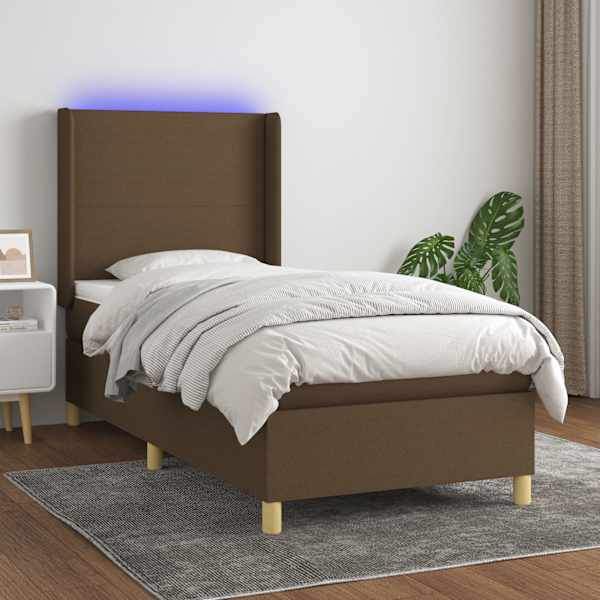 LED-valgustusega kontinentaalvoodi koos madratsiga, tumepruun, 90 × 190 cm, kangas — mudel 3138680