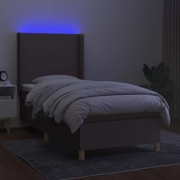 LED-valgustusega kontinentaalvoodi koos madratsiga, pruunikashall, 90 × 200 cm, kangas — mudel 3138689