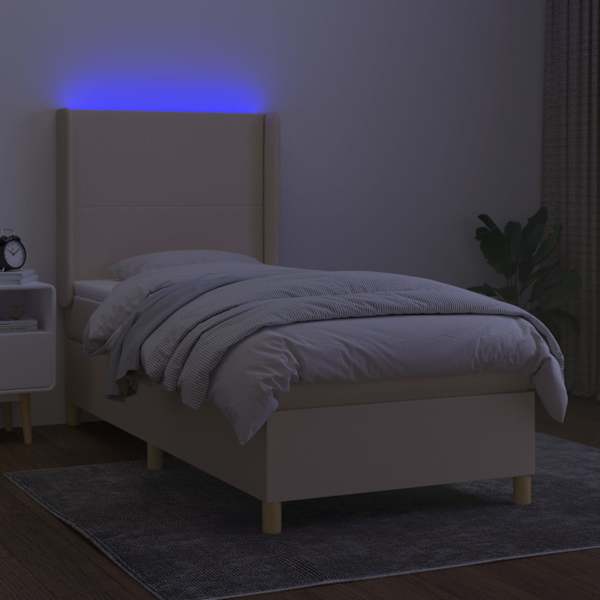 LED-valgustusega kontinentaalvoodi koos madratsiga, kreemjasvalge, 90 × 200 cm, kangas — mudel 3138690